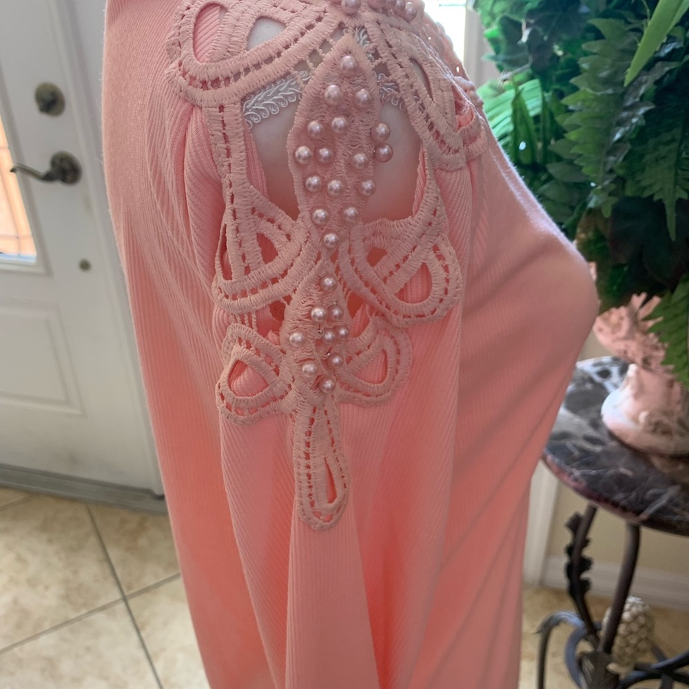 Pink, Long-Sleeve Pearl Beading Ribbed Tee - Picture 7 of 8